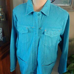 Diane Gilman DG2 Jacket Women's Turquoise Embellished Stretch Denim Trucker 3XL